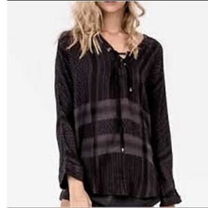 Rails Lily Onyx jacquard top, black gray  lace up neck, long sleeve pullover